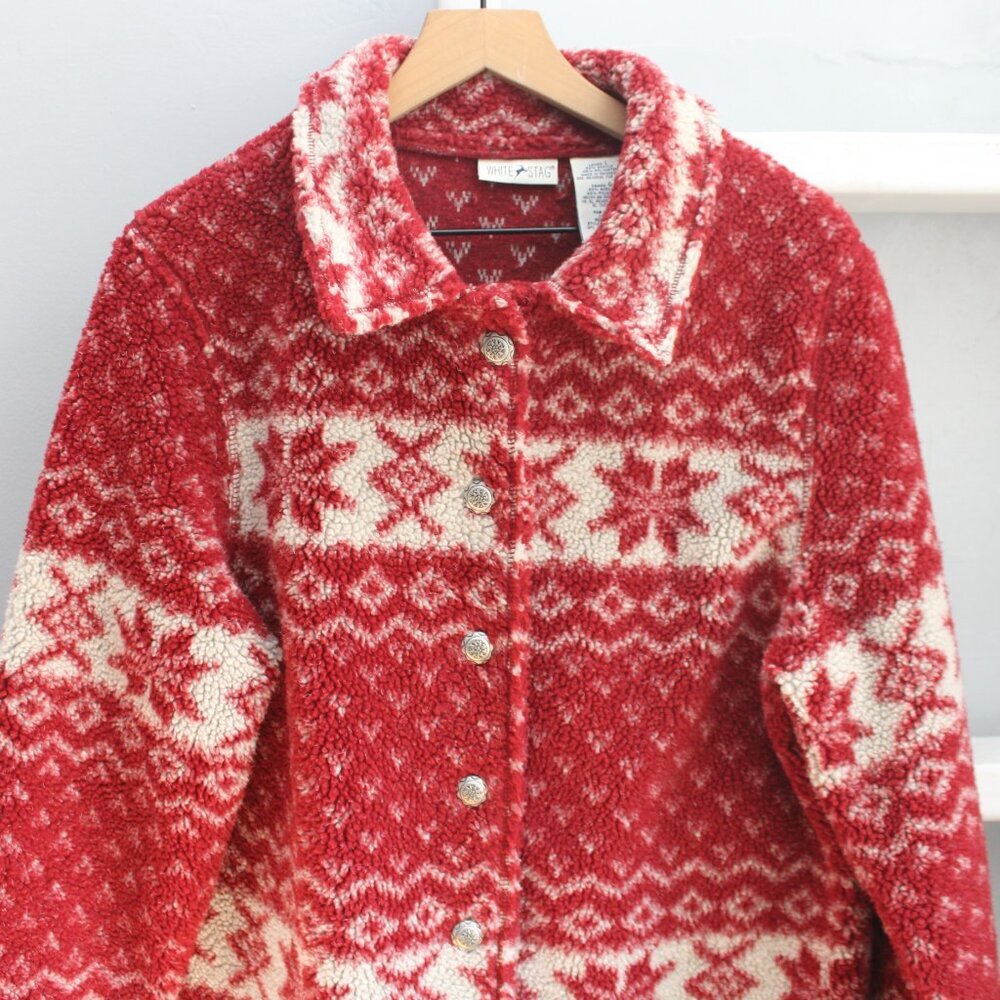 White Stag Vintage Red Cream Snowflake Deep Pile Fleece Women's Jacket sz Large - Picture 4 of 4